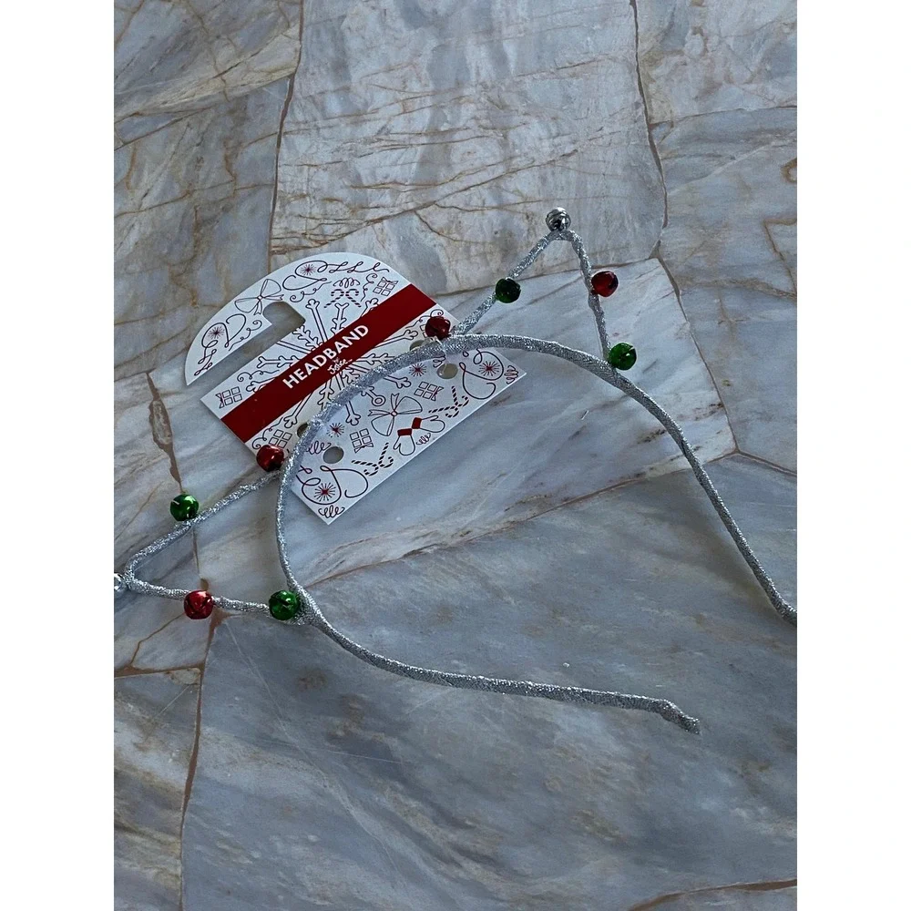 Justice Girls Silver Glitter Cat Ear Headband Red Green Holiday Jingle Bells NEW